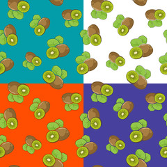Set of four Seamless Fruit Patterns , Fruit Kiwifruit on White Green Orange and Purple Background, Vector Illustration