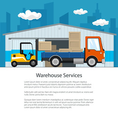 Brochure of Warehouse and Delivery Services , Forklift Truck and Small Cargo Car with Boxes , Unloading or Loading of Goods and Text, Poster Flyer Design, Vector Illustration