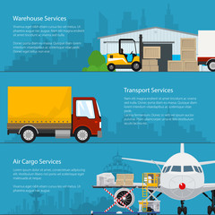 Set of Horizontal Cargo Delivery Banners, Transportation and Air Cargo Services and Storage, Warehouse with Forklift and Truck , Airplane with Autoloader at the Airport , Air and Land Freight, Vector
