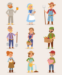 Vector farmers cartoon people with organic village food, flowers and animals. Summer character vegetables garden harvest farmers people. Agriculture farmers people work plant nature gardening