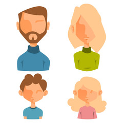 Eemotion vector family people faces cartoon avatar illustration. Woman and man emoji face icons and face cute symbols. Human family portrait face happy emoji facial character symbols