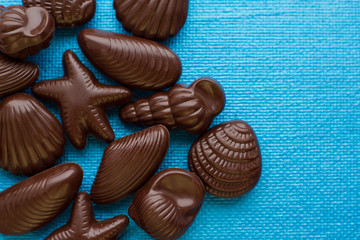 chocolate candies, traditional Belgian shell shape on blue background, place for text