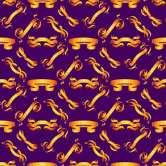 Ribbons realistic gold vector tape flag banner with stitch band detailing for your design project shiny bow decorative elegance graphic seamless pattern background.