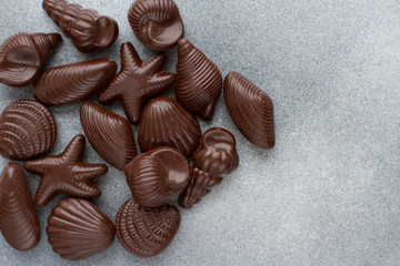 chocolate candies, traditional Belgian shell shape on grey background, place for text