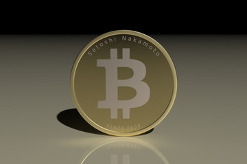 A single golden Bitcoin in front of an grey and black background