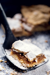 Cook serves an apple pie on a kitchen spatula.
