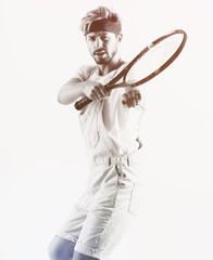 A tennis player is playing on a white background.