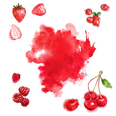 Czerwone jagody i soczysty pluśnięcie na białym tle. Ręcznie malowane zestaw ilustracji akwarela - 195924715