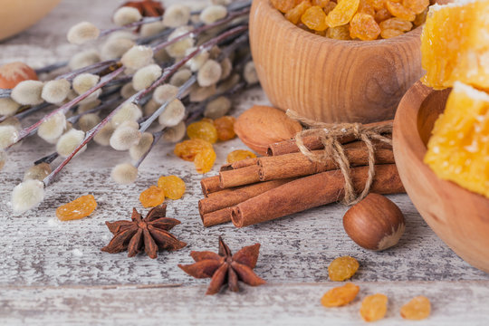 Ingredients for cooking bread or cookies: honeycomb, flour, raisines, mix of nuts, spices