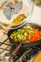Chopped vegetables on frying pan