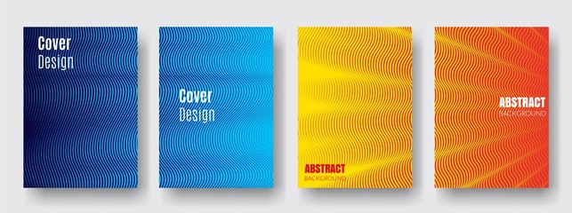 Covers with blue, yellow, red colors. Minimal design. Curved lines. Geometric backgrounds. Design for report annual, brochure, flyers, magazine, posters, catalogs, banners. Vector illustration.