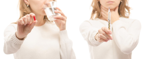 Obraz premium Woman in the hands of a tablet of a glass of water thermometer set healthy medicine cold flu disease set