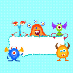 Monsters with empty rectangle frame on blue background.  Design template for card, poster, cover, diary, invitation. Background for celebrations, holidays.
