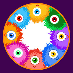 Round frame with fluffy monsters. Design template for card, poster, cover, diary, invitation. Background for celebrations, event, holidays.
