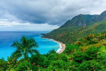 Fototapeta na wymiar delightful natural wild landscape with rocky mountains overgrown dense green jungle tree, palm and clear azure water of sea ocean