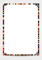 Modern A4 paper colorful rectangles (retro muted colors of blue, yellow, red and orange) used as border round the paper, isolated document