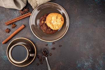 Cup of coffee and chocolate chip cookies