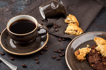 Cup of coffee and chocolate chip cookies