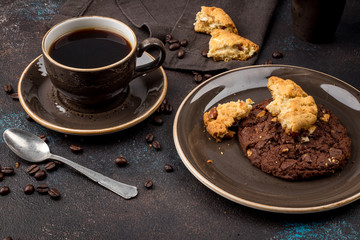 Cup of coffee and chocolate chip cookies