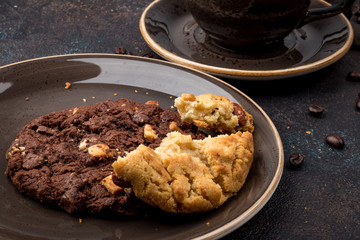 Cup of coffee and chocolate chip cookies