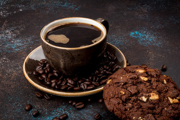Cup of coffee and chocolate chip cookies