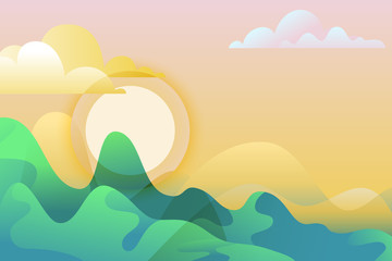 Fototapeta na wymiar Abstract summer or spring landscape, vector hand drawn illustration. Green mountains and sun on sky. Nature horizontal background with copy space.
