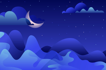 Abstrakte Nachtlandschaft, gezeichnete Illustration des Vektors Hand. Blaue Berge und Mond am Himmel. Natur horizontaler Hintergrund mit Kopienraum.