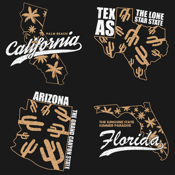 California, Texas, Arizona And Florida Typography Graphics Set For T-shirt, Clothes. Grunge Print For Apparel With Palm Trees, Cactus And Map. Vector Illustration.