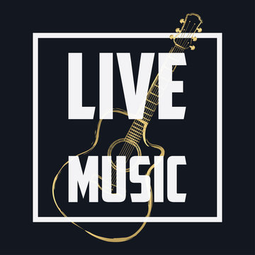 Live music banner, concert poster with frame and guitar. Musical background. Vector illustration.
