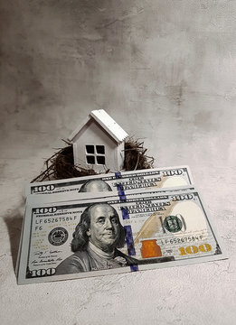 Buying, selling a house, a white house in a nest on the background of dollars. Your house is an investment.