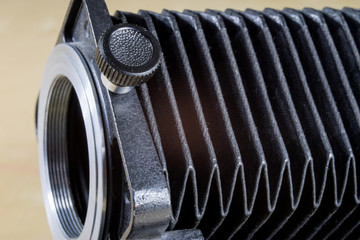 Old intermediate bellows for high-magnification photography. Photo accessories for old cameras.