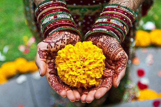 Closeup of Henna tattooed hands holding beautiful yellow flower