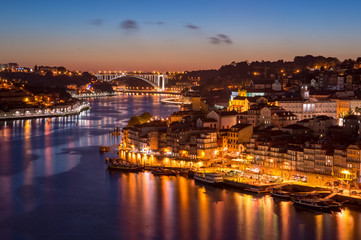 Evening in Porto, Portugal. View at the Ribeira and old town.