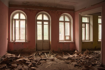 Interior of old ruined room in abandoned mansion in Voronezh, Russia