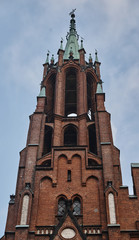 One of the towers of the Gothic medieval cathedral.