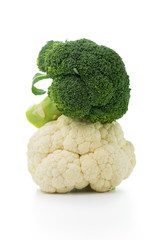 Fresh ripe organic broccoli and cauliflower isolated on white background