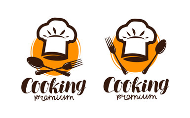 Cooking logo or label. Emblem for restaurant or cafe menu design. Lettering vector illustration - obrazy, fototapety, plakaty
