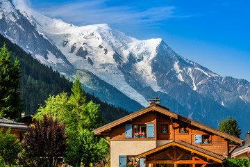 Beautiful wood chalet in Chamonix, France, Mont Blanc on a sunny day