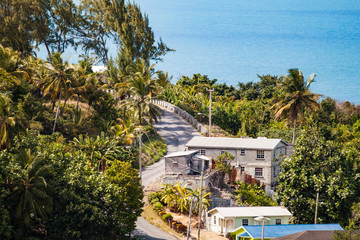 Panoramic View of a Small Tropical Town, Road and Caribbean Sea, in Barbado