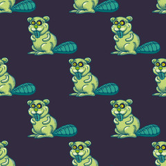 Funny beaver seamless pattern. Cartoon style pattern design.