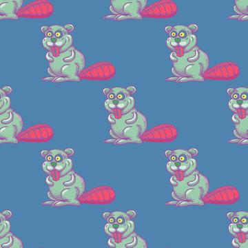 Funny beaver seamless pattern. Cartoon style pattern design.