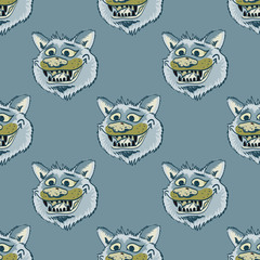 Funky wolf smiling seamless pattern. Cartoon style pattern design.