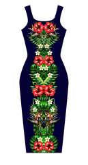 Design dress with symmetry composition tropical flowers and leaves .