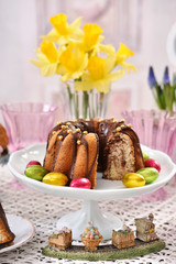 closeup of easter traditional marble ring cake on festive table