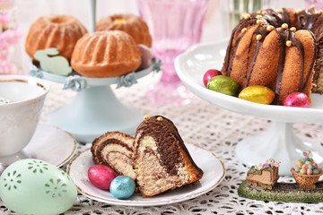 closeup of easter traditional cakes on festive table