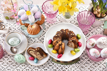 Obraz na płótnie Canvas top view of easter traditional cakes on festive table