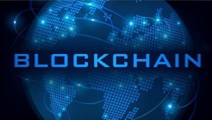 Blockchain, crypto-currencies, 
illustration with text and blue planet