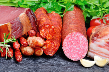 Sausages on wooden table