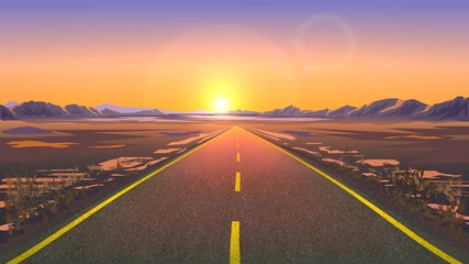 Straße in der Wüste. Eine Szene in Perspektive. Sonnenuntergang