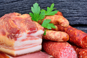 Sausages on a wood background